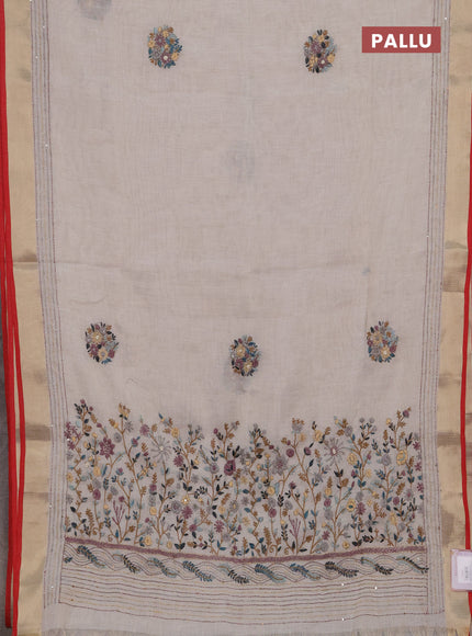 Linen cotton saree off white and purple with embroidery buttas and embroidery kantha stitch work pallu