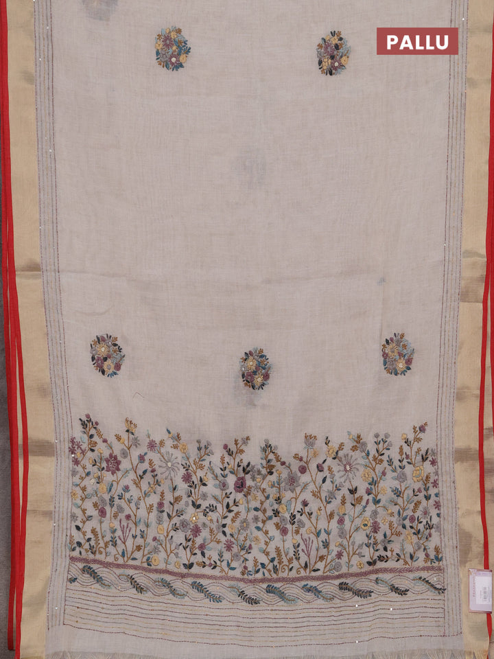 Linen cotton saree off white and purple with embroidery buttas and embroidery kantha stitch work pallu