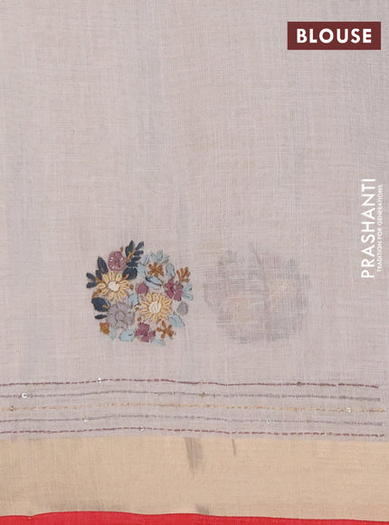 Linen cotton saree off white and purple with embroidery buttas and embroidery kantha stitch work pallu