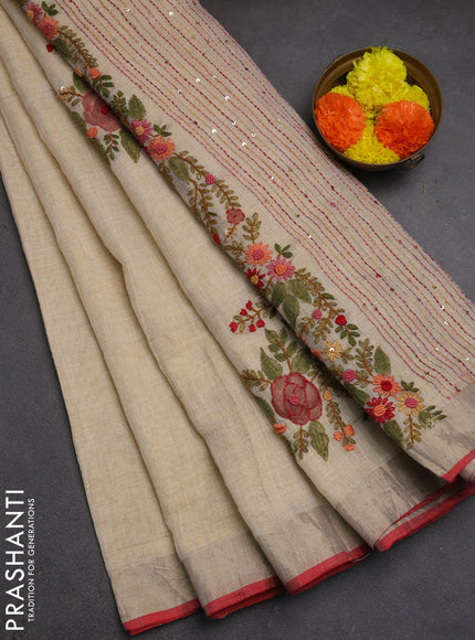 Linen cotton saree cream and maroon with embroidery buttas and embroidery kantha stitch work pallu