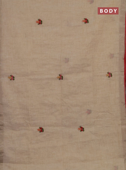 Linen cotton saree cream and maroon with embroidery buttas and embroidery kantha stitch work pallu