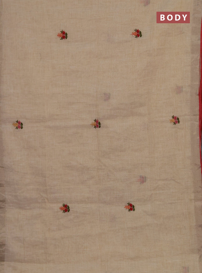 Linen cotton saree cream and maroon with embroidery buttas and embroidery kantha stitch work pallu