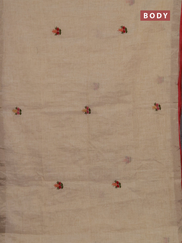 Linen cotton saree cream and maroon with embroidery buttas and embroidery kantha stitch work pallu