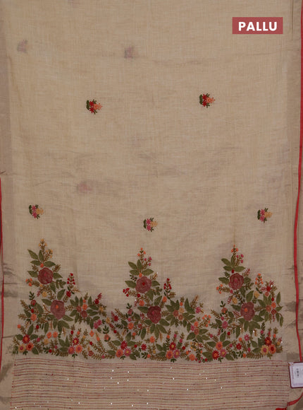 Linen cotton saree cream and maroon with embroidery buttas and embroidery kantha stitch work pallu