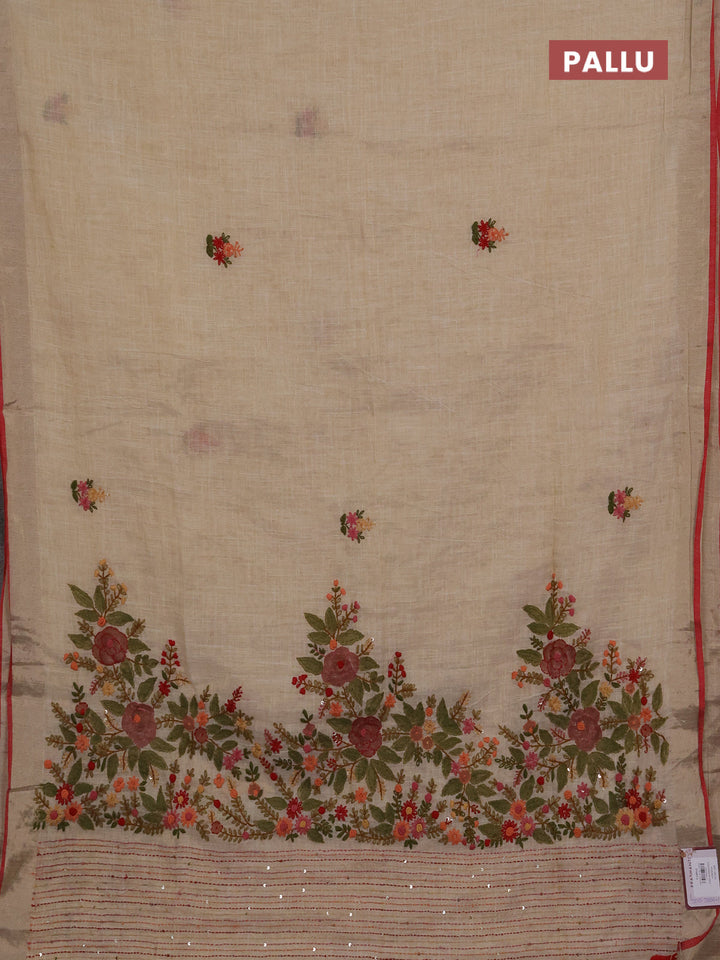 Linen cotton saree cream and maroon with embroidery buttas and embroidery kantha stitch work pallu