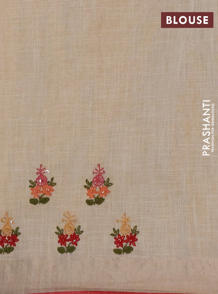 Linen cotton saree cream and maroon with embroidery buttas and embroidery kantha stitch work pallu