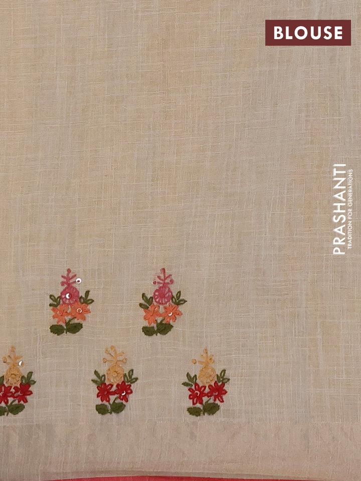 Linen cotton saree cream and maroon with embroidery buttas and embroidery kantha stitch work pallu