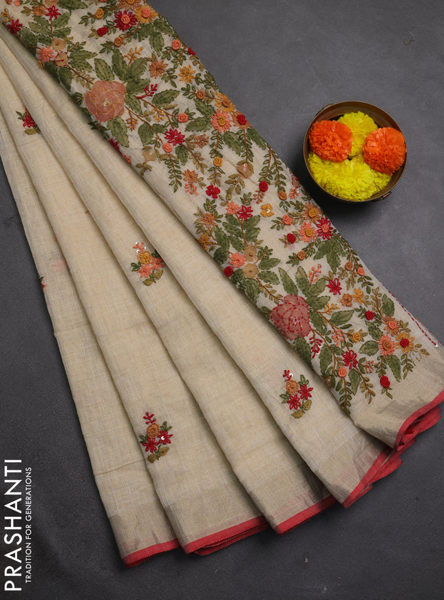 Linen cotton saree cream and maroon with embroidery buttas and embroidery kantha stitch work pallu