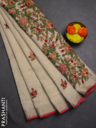 Linen cotton saree cream and maroon with embroidery buttas and embroidery kantha stitch work pallu