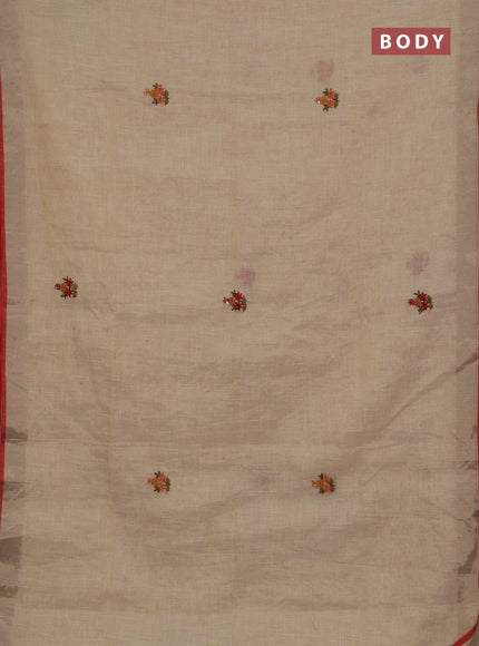 Linen cotton saree cream and maroon with embroidery buttas and embroidery kantha stitch work pallu