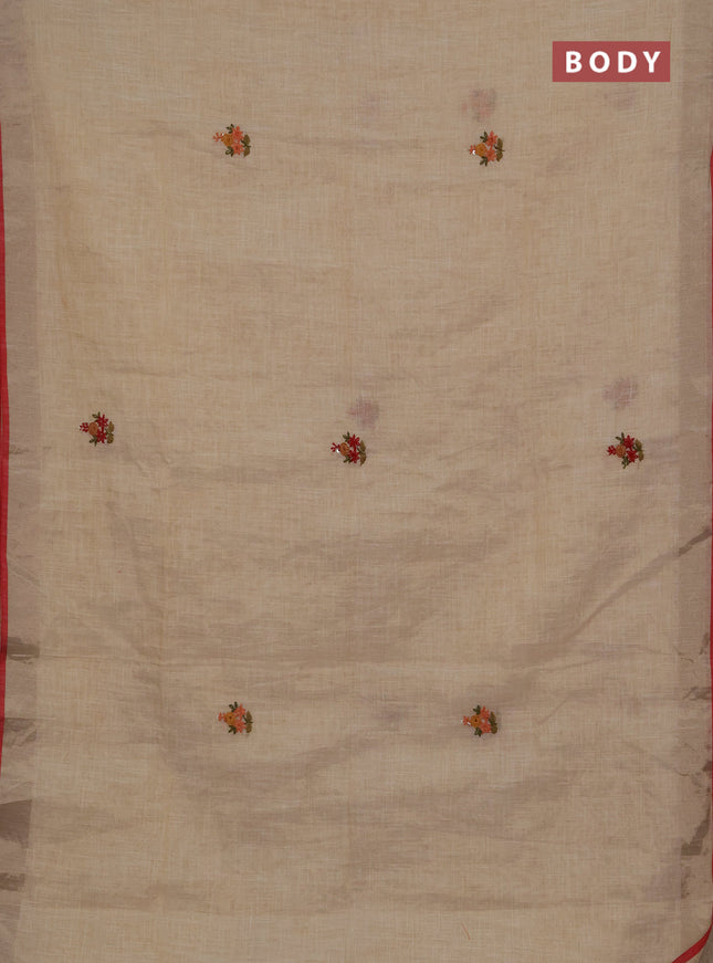 Linen cotton saree cream and maroon with embroidery buttas and embroidery kantha stitch work pallu