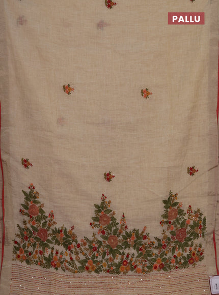 Linen cotton saree cream and maroon with embroidery buttas and embroidery kantha stitch work pallu