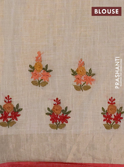 Linen cotton saree cream and maroon with embroidery buttas and embroidery kantha stitch work pallu