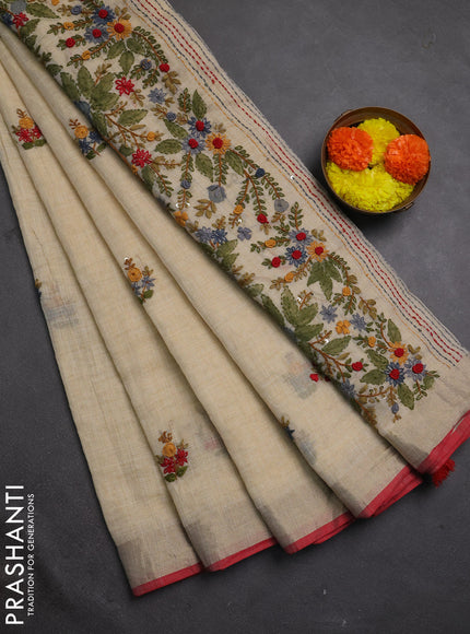 Linen cotton saree cream and maroon with embroidery buttas and embroidery kantha stitch work pallu