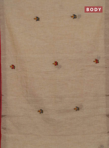 Linen cotton saree cream and maroon with embroidery buttas and embroidery kantha stitch work pallu