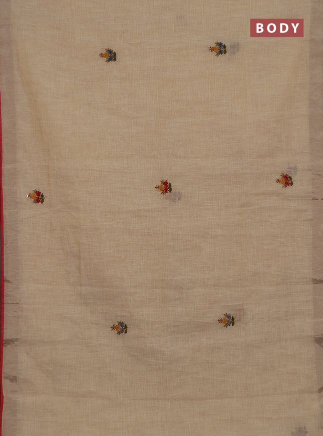 Linen cotton saree cream and maroon with embroidery buttas and embroidery kantha stitch work pallu