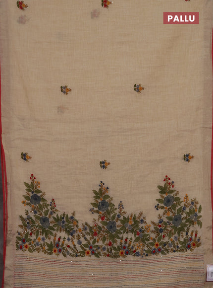 Linen cotton saree cream and maroon with embroidery buttas and embroidery kantha stitch work pallu