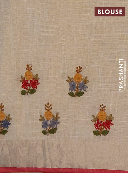 Linen cotton saree cream and maroon with embroidery buttas and embroidery kantha stitch work pallu