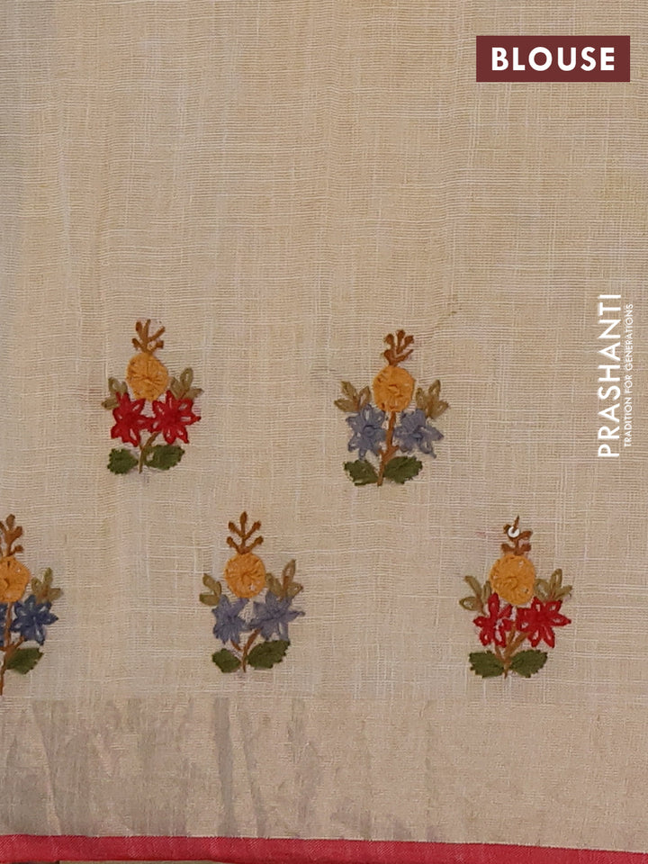 Linen cotton saree cream and maroon with embroidery buttas and embroidery kantha stitch work pallu