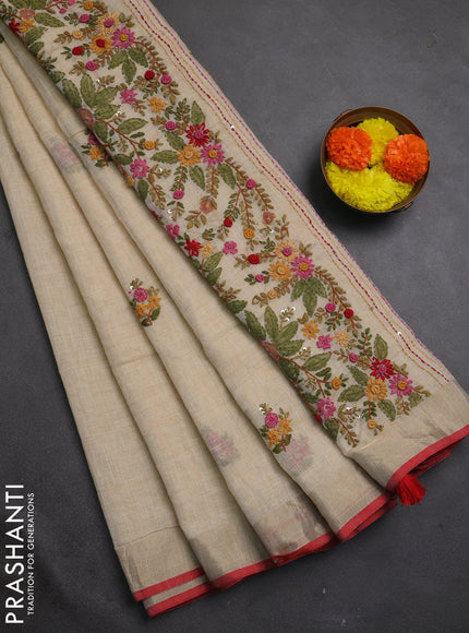 Linen cotton saree cream and maroon with embroidery buttas and embroidery kantha stitch work pallu