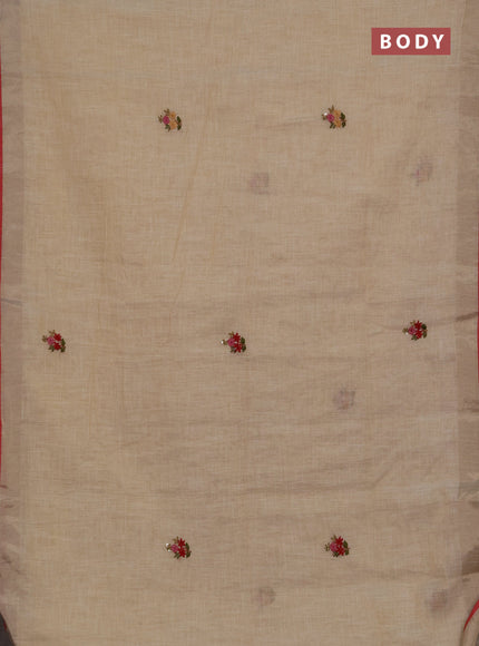 Linen cotton saree cream and maroon with embroidery buttas and embroidery kantha stitch work pallu