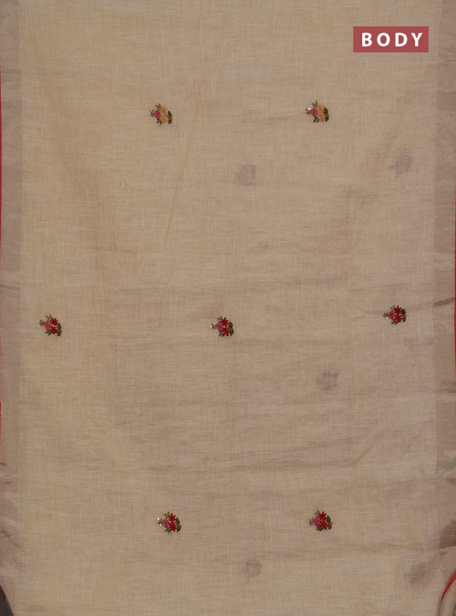 Linen cotton saree cream and maroon with embroidery buttas and embroidery kantha stitch work pallu
