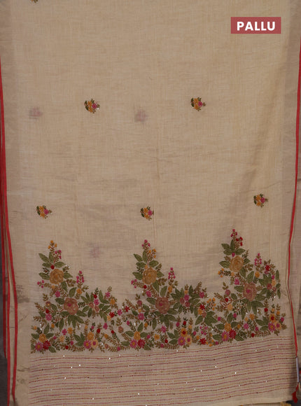 Linen cotton saree cream and maroon with embroidery buttas and embroidery kantha stitch work pallu