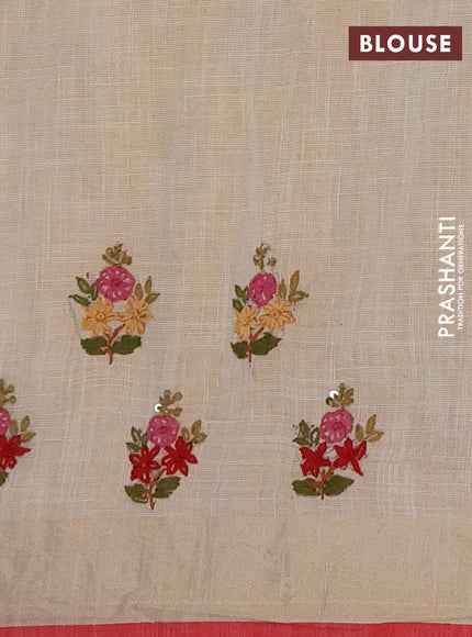 Linen cotton saree cream and maroon with embroidery buttas and embroidery kantha stitch work pallu
