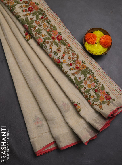 Linen cotton saree cream and maroon with embroidery buttas and embroidery kantha stitch work pallu