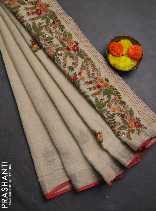 Linen cotton saree cream and maroon with embroidery buttas and embroidery kantha stitch work pallu