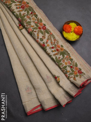 Linen cotton saree cream and maroon with embroidery buttas and embroidery kantha stitch work pallu