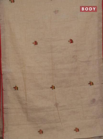 Linen cotton saree cream and maroon with embroidery buttas and embroidery kantha stitch work pallu