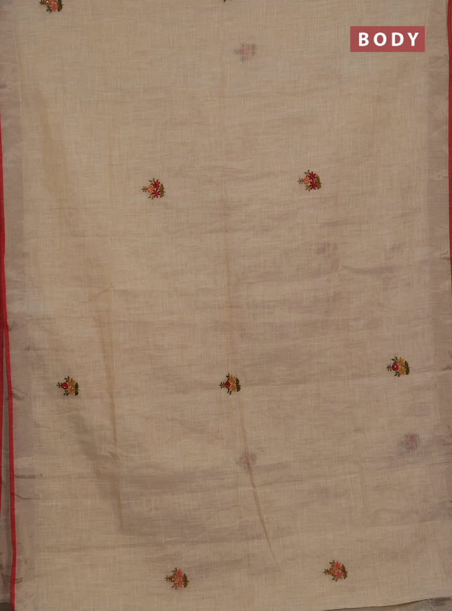Linen cotton saree cream and maroon with embroidery buttas and embroidery kantha stitch work pallu