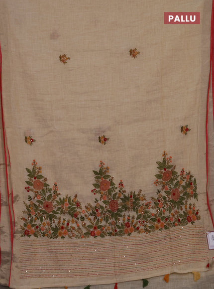 Linen cotton saree cream and maroon with embroidery buttas and embroidery kantha stitch work pallu