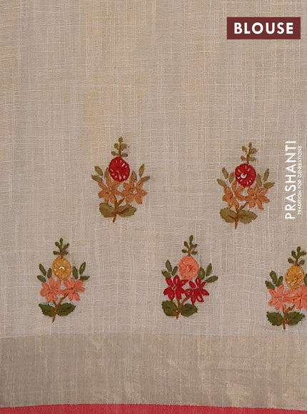 Linen cotton saree cream and maroon with embroidery buttas and embroidery kantha stitch work pallu