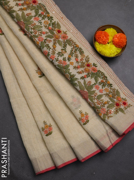 Linen cotton saree off white and maroon with embroidery buttas and embroidery kantha stitch work pallu