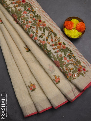 Linen cotton saree off white and maroon with embroidery buttas and embroidery kantha stitch work pallu