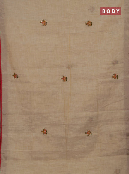 Linen cotton saree off white and maroon with embroidery buttas and embroidery kantha stitch work pallu