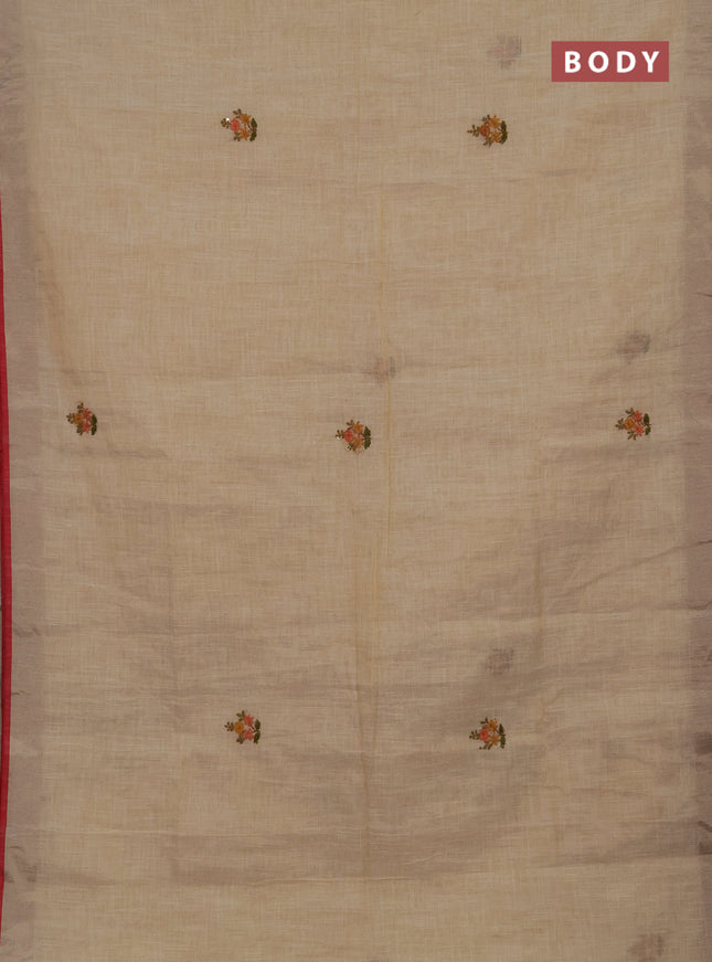 Linen cotton saree off white and maroon with embroidery buttas and embroidery kantha stitch work pallu