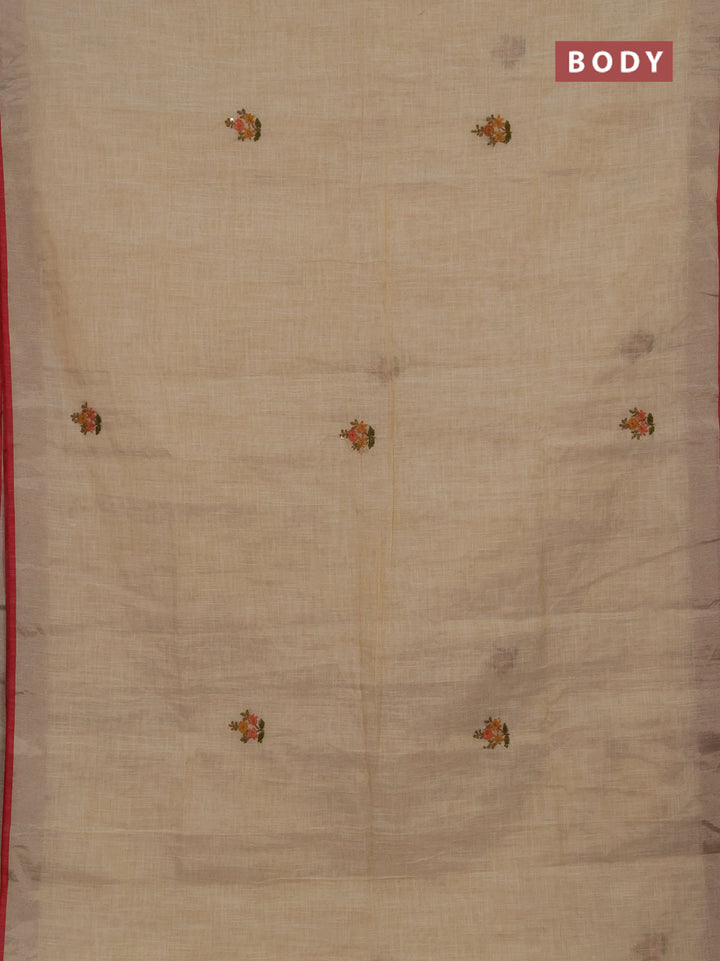 Linen cotton saree off white and maroon with embroidery buttas and embroidery kantha stitch work pallu