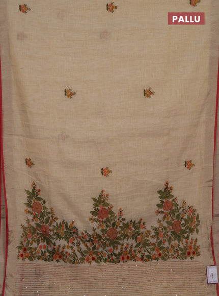 Linen cotton saree off white and maroon with embroidery buttas and embroidery kantha stitch work pallu