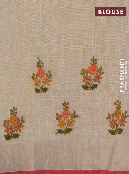 Linen cotton saree off white and maroon with embroidery buttas and embroidery kantha stitch work pallu
