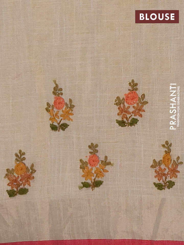 Linen cotton saree off white and maroon with embroidery buttas and embroidery kantha stitch work pallu