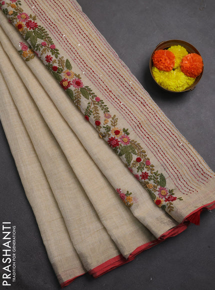 Linen cotton saree cream and maroon with embroidery buttas and embroidery kantha stitch work pallu