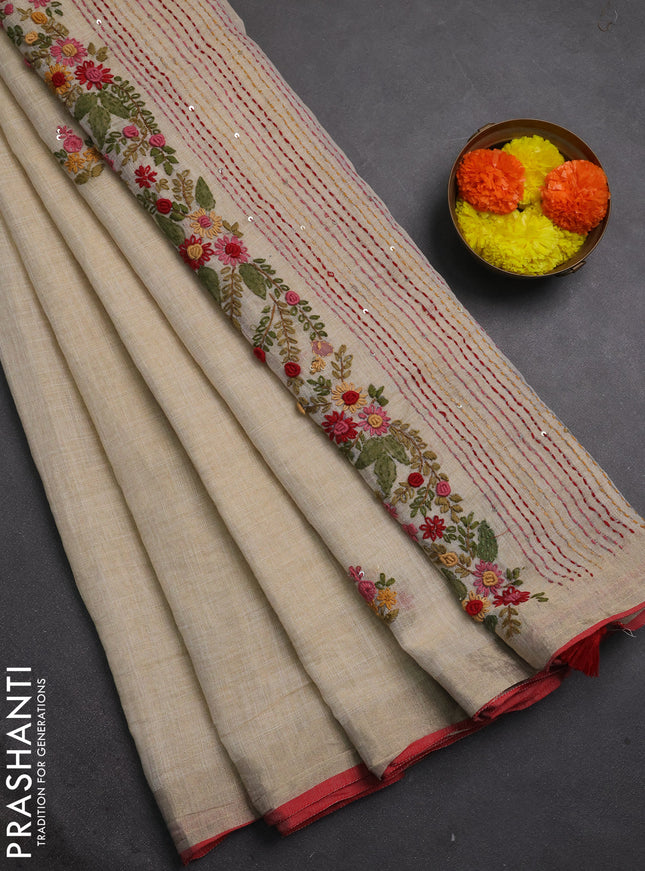 Linen cotton saree cream and maroon with embroidery buttas and embroidery kantha stitch work pallu