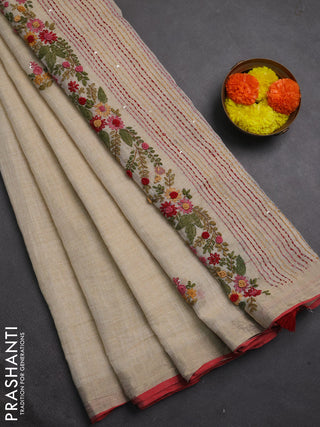 Linen cotton saree cream and maroon with embroidery buttas and embroidery kantha stitch work pallu