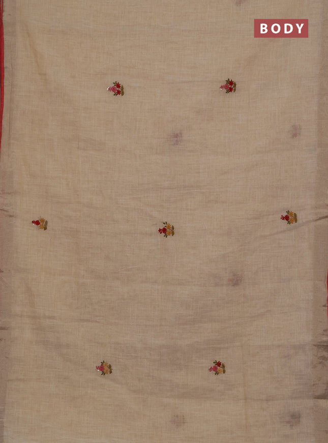 Linen cotton saree cream and maroon with embroidery buttas and embroidery kantha stitch work pallu