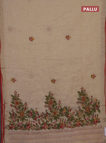 Linen cotton saree cream and maroon with embroidery buttas and embroidery kantha stitch work pallu