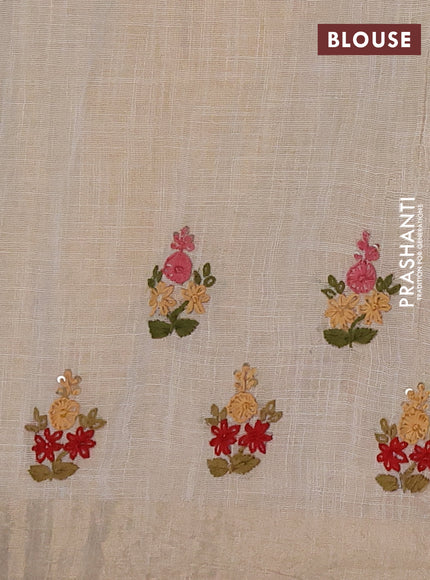 Linen cotton saree cream and maroon with embroidery buttas and embroidery kantha stitch work pallu