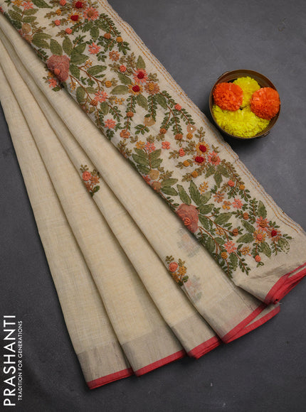 Linen cotton saree cream and maroon with embroidery buttas and embroidery kantha stitch work pallu